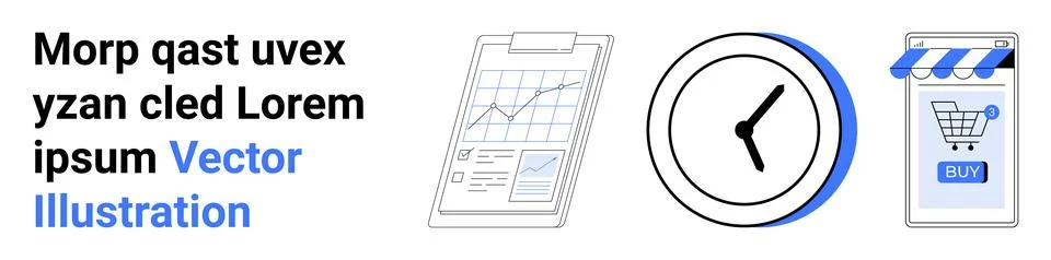 E-commerce and Time Management Concepts with Data Analytics and Online Shoppi Illustrazione stock