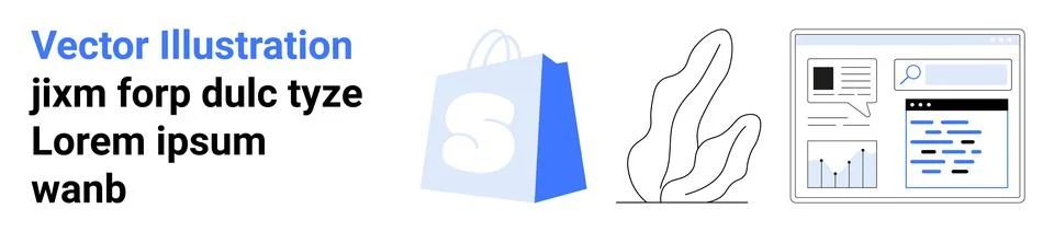 E-commerce and Web Design Vector Featuring Shopping Bag and Analytics Chart イラスト素材