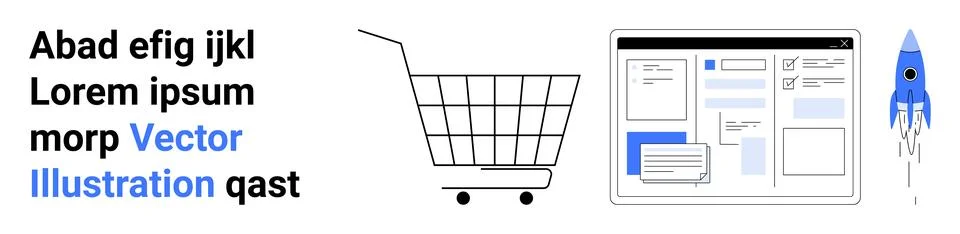 E-commerce and Website Design Concept with Shopping Cart and Rocket Launch Stock Illustration