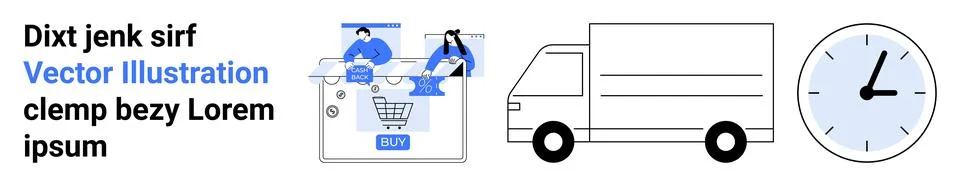E-commerce app interface showing users engaging with a shopping cart, a deliv Stock Illustration