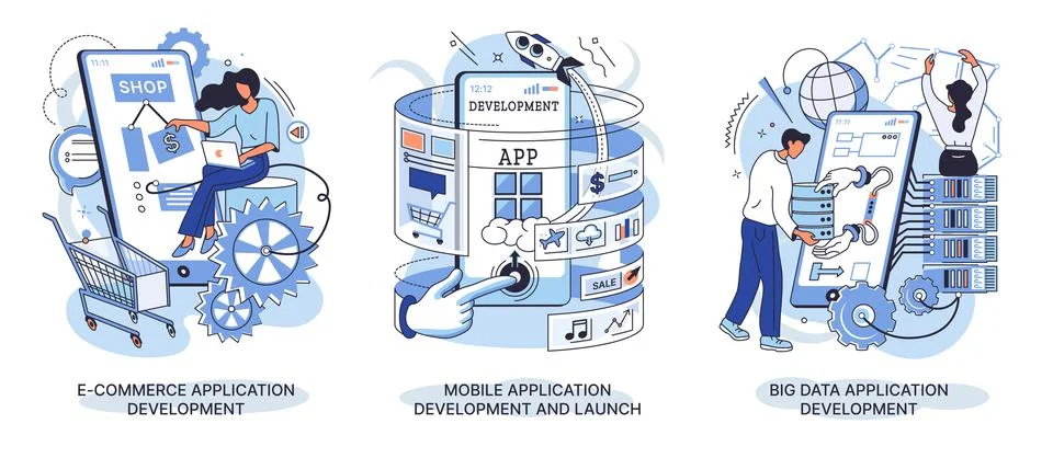 E-commerce application development, mobile app development and launch, big data Illustrazione stock