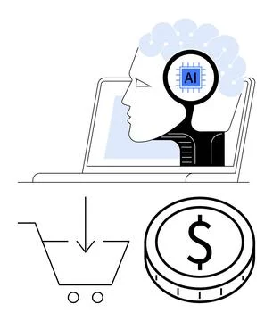 E-commerce, artificial intelligence, automation, fintech, online shopping, di Stock Illustration