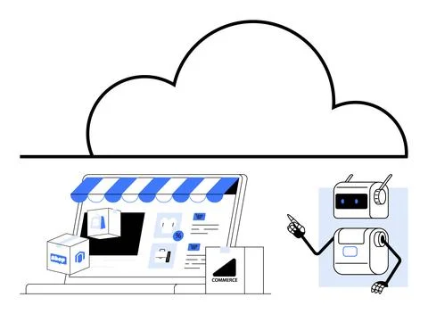 E-commerce Automation with Cloud Technology Robot and Online Store Elements Stock Illustration