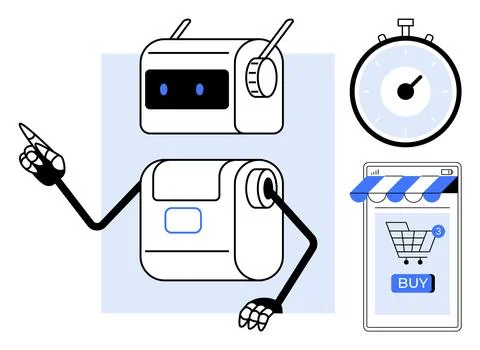E-commerce Automation Concept with Robot, Shopping Cart, and Timer Icons Ilustración de archivo