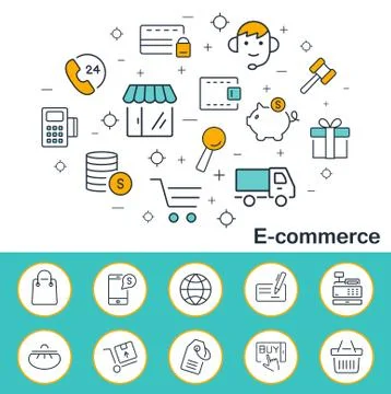 E-commerce banner in flat style. Outline vector icons. Stock Illustration