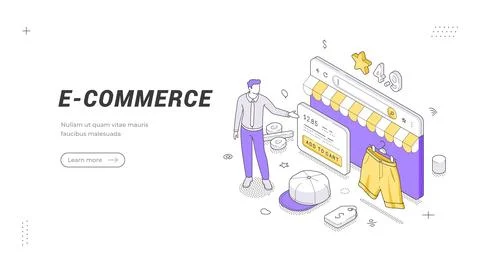 E-commerce banner template. Isometric vector illustration of a customer at an 스톡 일러스트