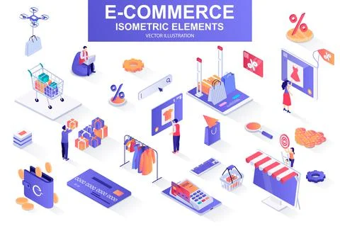 E-commerce bundle of isometric elements. Stock Illustration