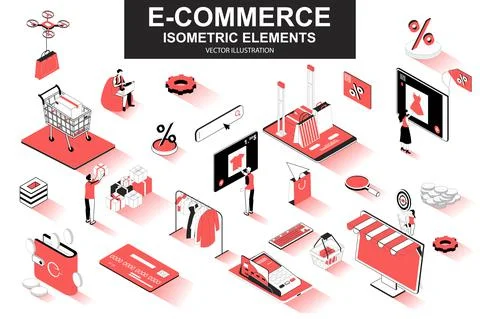 E-commerce bundle of isometric elements. Internet marketplace, atm terminal Stockillustratie