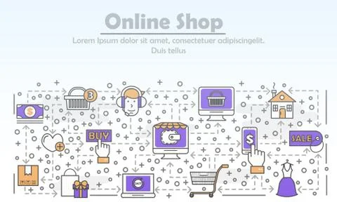 E-commerce business advertising vector flat line art illustration Stock Illustration