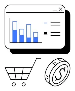 E-commerce Business Analytics with Chart, Shopping Cart, and Coin Elements Stock Illustration