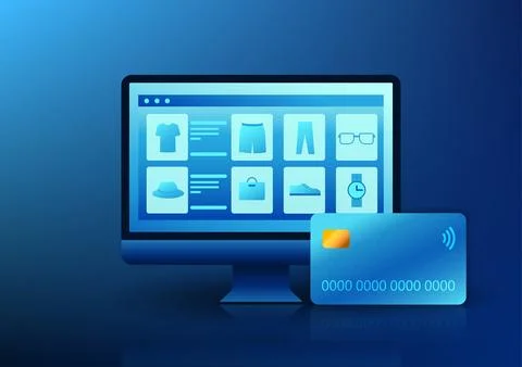 E-commerce business technology The computer screen has merchandise along wi.. Stock Illustration