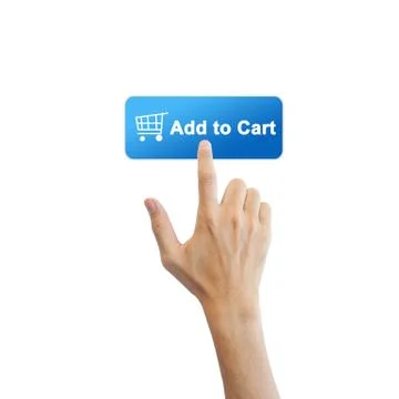 E-commerce button with real hand isolated on white background Stock Illustration