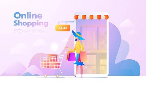 E-commerce buyer. Internet items. Banner young woman shopping online. vect... Stock Photos