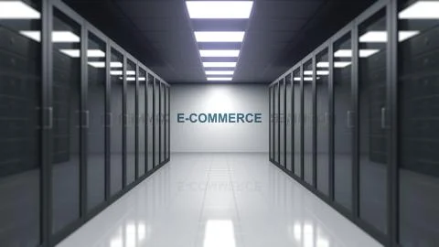 E-COMMERCE caption on the wall of a server room. Conceptual 3D rendering Stock Illustration