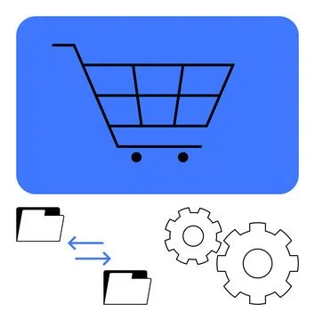 E-commerce cart, file transfer arrows, and gears representing online shoppi.. Stock Illustration