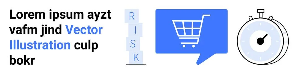 E-commerce chat bubble with shopping cart, risk management acronym, stopwatch Stock Illustration