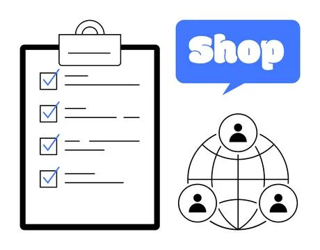 E-commerce Checklist with Global Team Network and Shop Icon Stock Illustration
