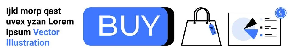 E-commerce Concept with Buy Button, Shopping Bag, and Data Chart Icons Ilustración de archivo