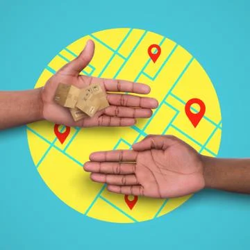 E commerce concept. Closeup of customer accepting tiny packages from delivery 스톡 사진