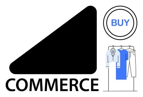 E-commerce Concept with Clothing Rack, Buy Button and Commerce Triangle Stock Illustration