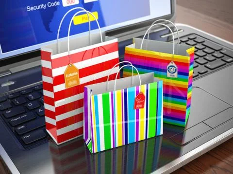 E-commerce concept. colourful paper striped shopping bags on laptop keyboard. Stock Illustration