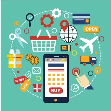 E-commerce concept. Flat design vector illustration. Human hand with mobile Stock Illustration