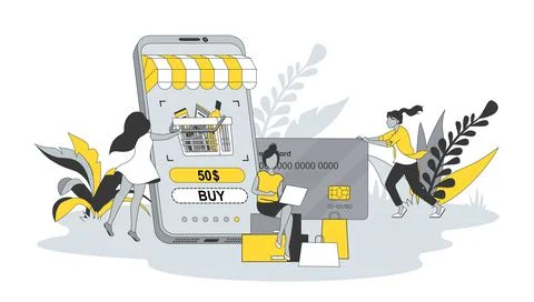 E-commerce concept in flat design with people. Women make purchases using store Stock Illustration