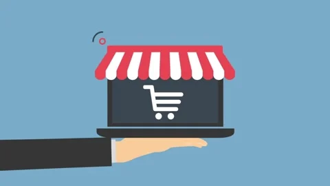 E-commerce Concept: Hand Holding Laptop with Storefront on Blue Background 스톡 동영상 341920191