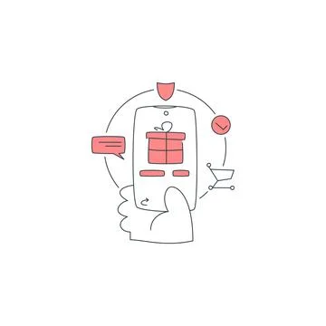 E-commerce concept with hand holding smartphone. Online shopping and gift pur Stock Illustration