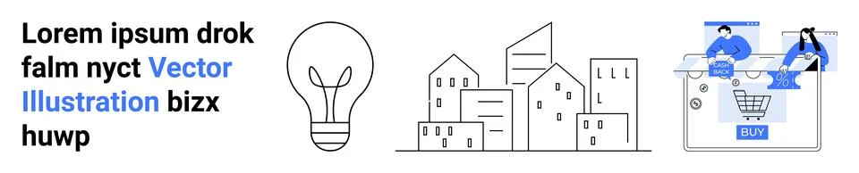 E-commerce Concept with Light Bulb, Buildings, and Two People Shopping Onli.. Stock Illustration
