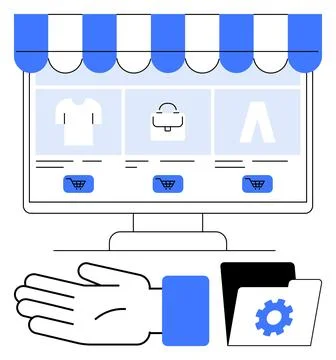 E-commerce Concept with Online Storefront, Hand Gesture, and Gear Icon Folder Stock Illustration