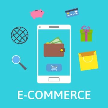 E-commerce concept. Online wallet. Smartphone with shopping icons Stock-Illustration