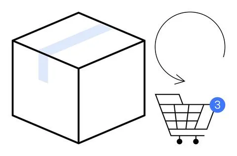 E-commerce concept with package, shopping cart, and notification symbol for.. Stock Illustration