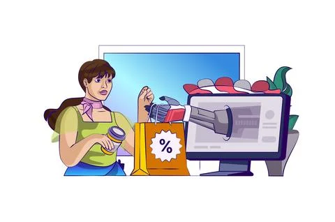 E-commerce concept with people scene in flat cartoon design for web. Woman sh Stock Illustration