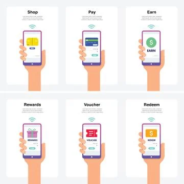 E-Commerce Concept - Shop, Pay, Earn, Rewards, Voucher & Redeem. Stock Illustration