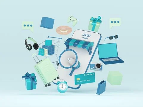 E-commerce concept, Shopping online n mobile application, 3d rendering Stock Illustration