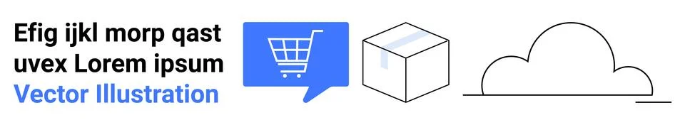 E-commerce Concept with Speech Bubble, Shopping Cart, Box, and Cloud Symbol Stock Illustration