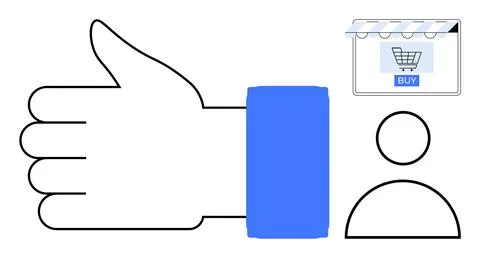 E-commerce Concept with Thumbs Up, Online Shopping Icon, and Customer Symbol Stock Illustration