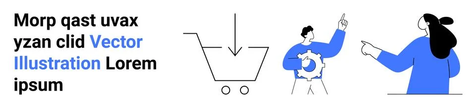 E-commerce Concept with Two People Discussing, Shopping Cart and Download Arr Stock Illustration