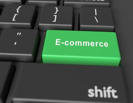E-commerce concept. Word E-commerce  on button of computer keyboard Ilustração Stock