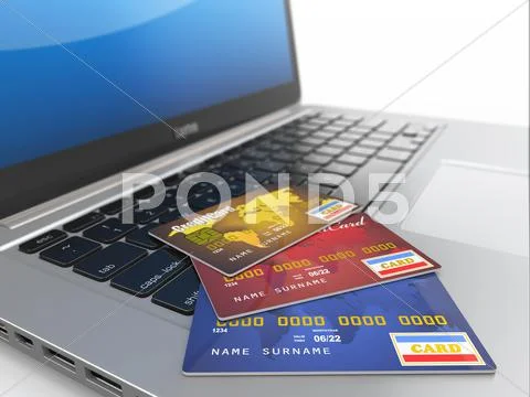 E-commerce. credit cards on laptop. three-dimensional image. Stock Illustration