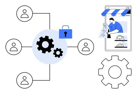 E-commerce, cybersecurity, user management, networking, data protection, syst Stockillustratie
