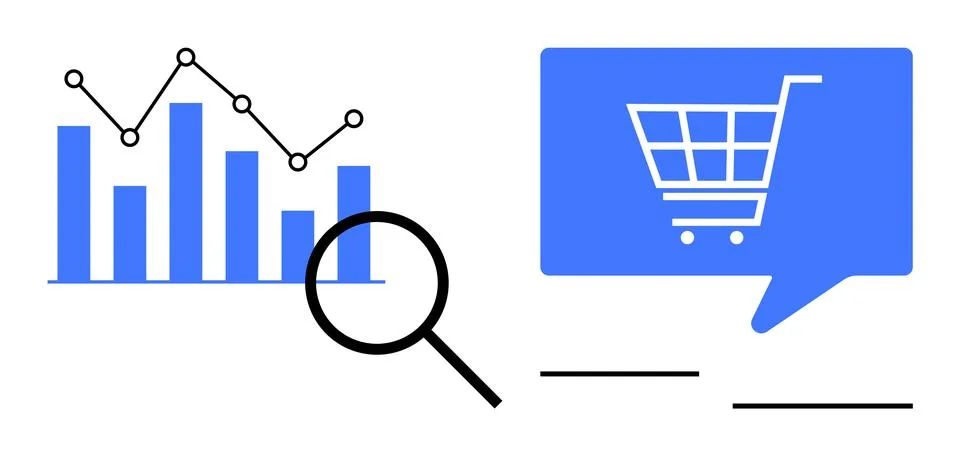 E-commerce Data Analysis Bar and Line Graph with Shopping Cart in Speech Bubb Illustrazione stock