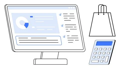 E-commerce data analysis on computer screen with shopping bag and calculator Stock Illustration