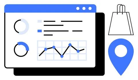 E-commerce Data Analytics Dashboard with Shopping Bag and Location Pin Elemen Stockillustratie