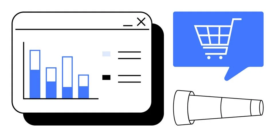 E-commerce Data Analytics with Shopping Cart and Telescope Symbol Ilustración de archivo