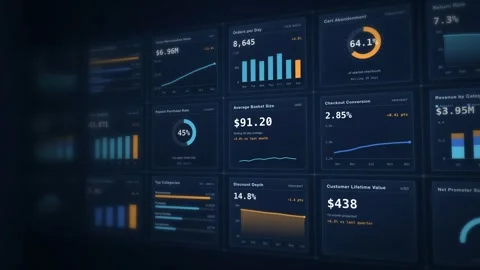 E-commerce Data Dashboard HUD Commerce Pulse Analytics Metrics Visualization Stock Footage 342478165