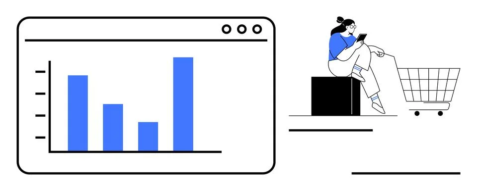 E-commerce, data visualization, shopping trends, mobile usage, digital market Illustrazione stock