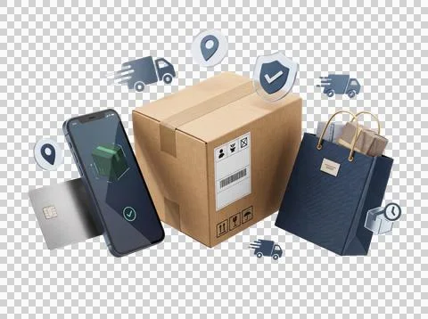 E-commerce delivery concept with cardboard box smartphone and shopping bag .. Stock Illustration