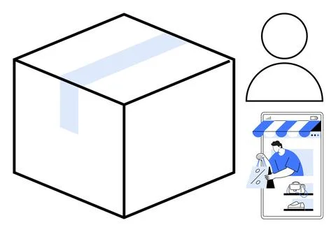 E-commerce Delivery Hand with Box and Shopping App Interface Alongside Avatar Ilustração Stock